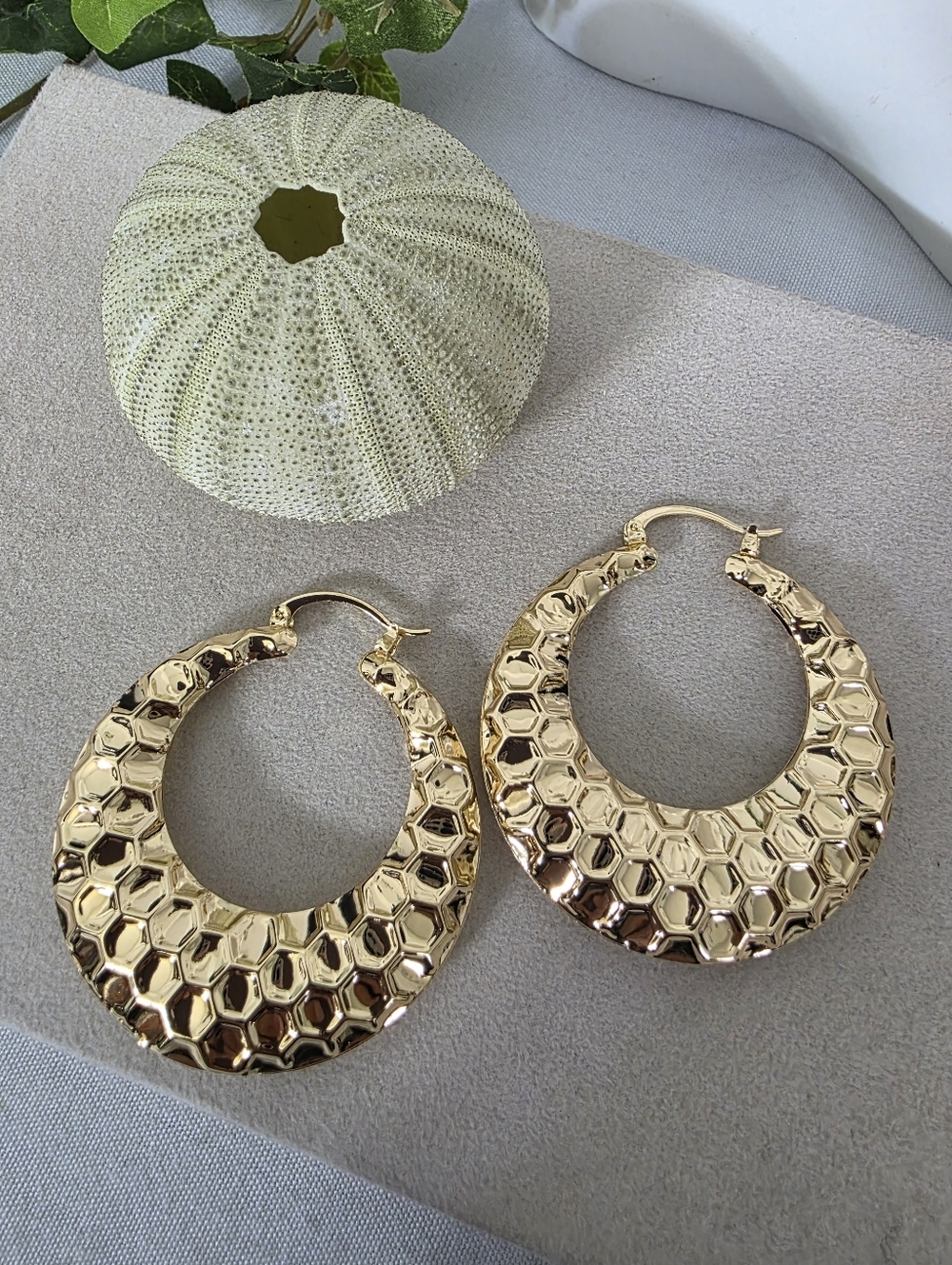 Gold Filled Statement Hoop Earrings Honeycomb Design 2"